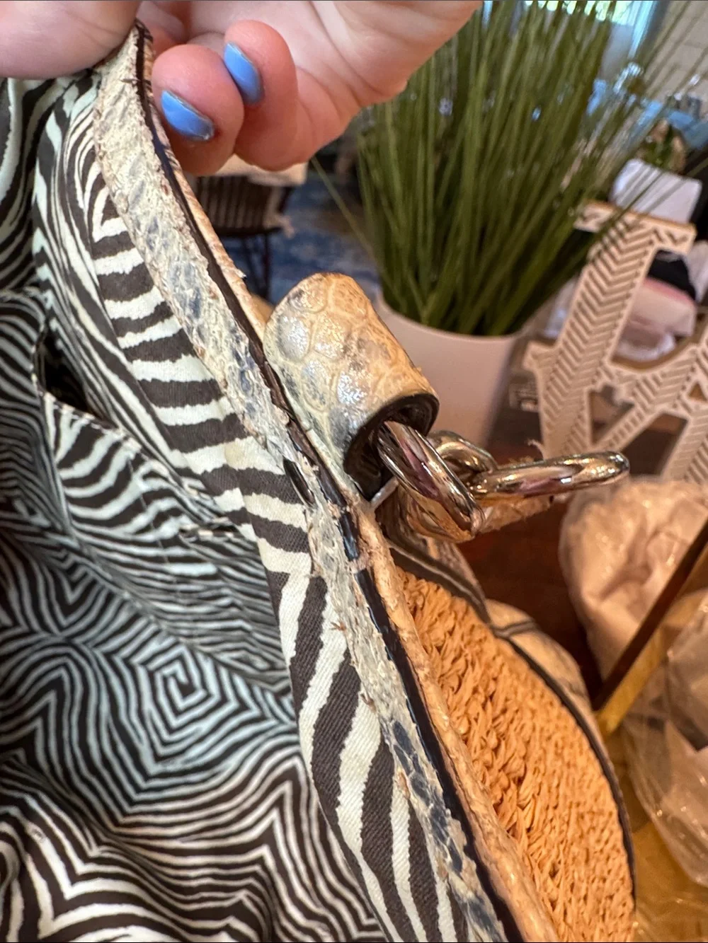 Coach Natural Straw Tote with Gray Snakeskin Trim